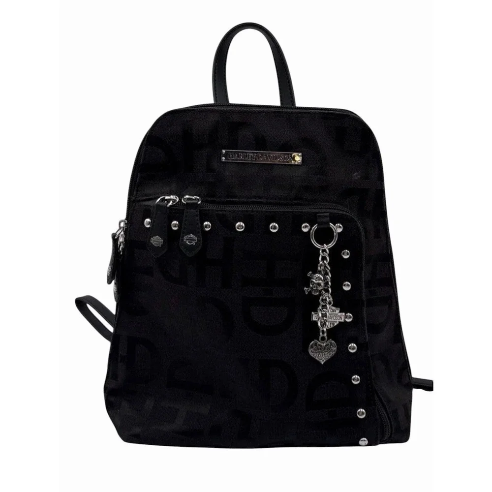 RARE Harley-Davidson Women's Black Monogram Backpack Studded Charm Zip Bag